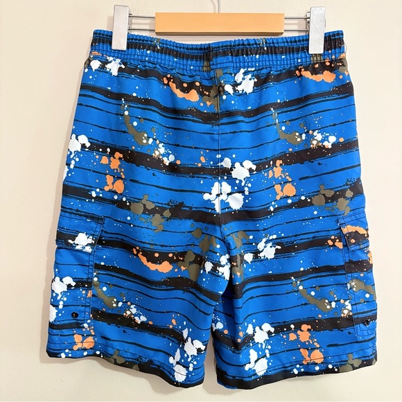 Blue & Orange Paint Splatter Striped Kids Swim Trunks w Mesh Lining - Picture 7 of 12